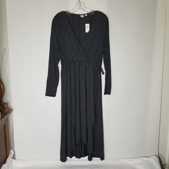 GAP Maternity Womens Sz M Long Sleeve Dress Faux Wrap Black White Striped V-Neck - Picture 4 of 10
